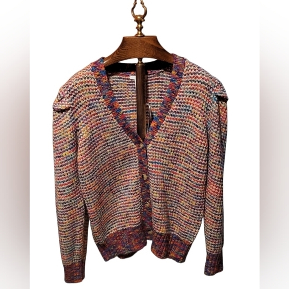 Design History Spacedye Rainbow Cardigan Cropped Sweater Puff Sleeve Size Large - Picture 2 of 11